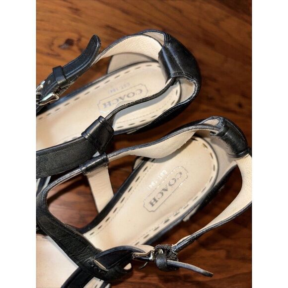 Coach Amina Black Leather Buckle Strap Peep-Toe Platform Heels 8 - Picture 4 of 8